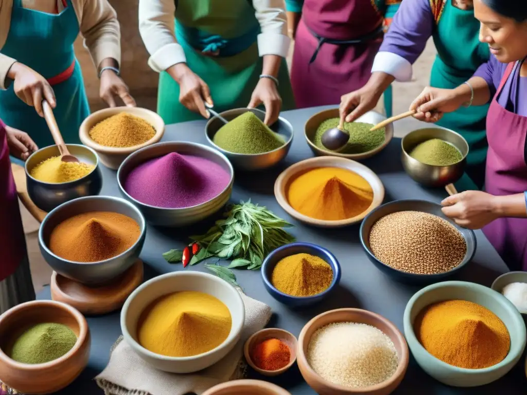 Un vibrante retrato de una cocina peruana tradicional con chefs afrodescendientes preparando platos coloridos con ingredientes autóctonos