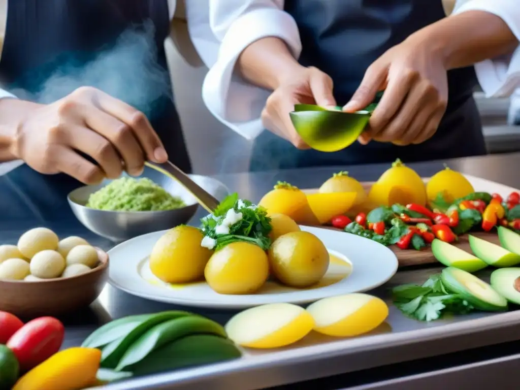 Un vibrante retrato de una cocina peruana con ingredientes auténticos y un chef preparando una receta causa limeña