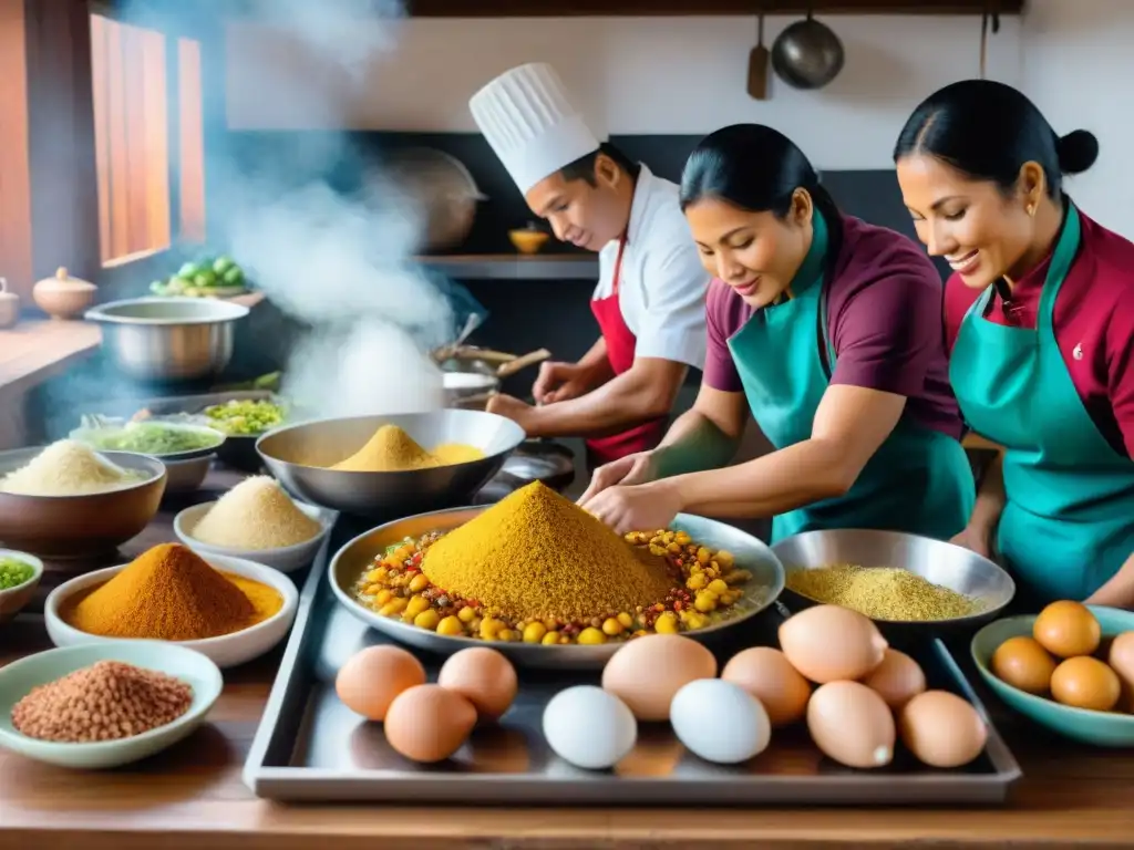 Un vibrante retrato de una cocina peruana tradicional con chefs preparando ají de gallina