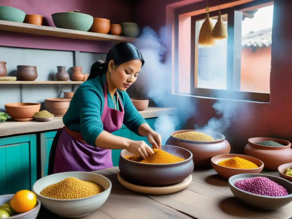 Un vibrante retrato de mujeres peruanas preparando guías fermentados tradicionales peruanos en una cocina tradicional