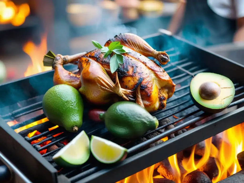 Un vibrante retrato de la preparación de un exquisito Pollo a la Brasa peruano en una parrilla de carbón, con ingredientes autóctonos