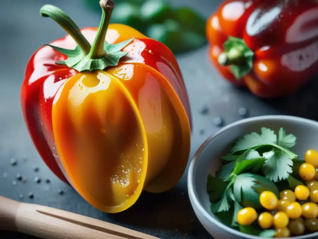 Vibrante rocoto rojo con textura brillante y gotas de agua, rodeado de ingredientes peruanos en una cocina rústica