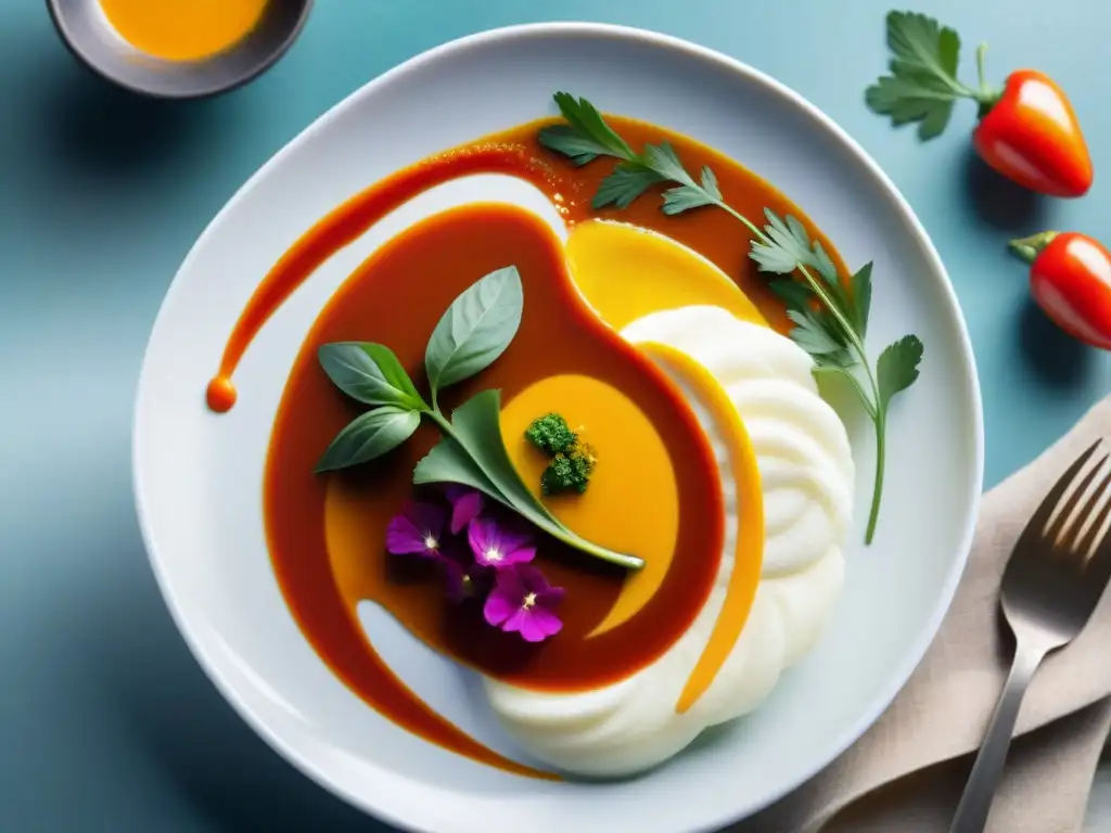 Salsa peruana vibrante en plato blanco elegante Una vibrante salsa peruana innovadora en un elegante plato blanco