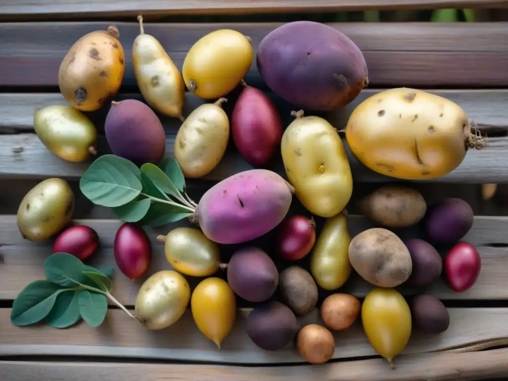 Vibrante selección de papas nativas peruanas en mesa rústica, resaltando la preservación de especies para la gastronomía peruana