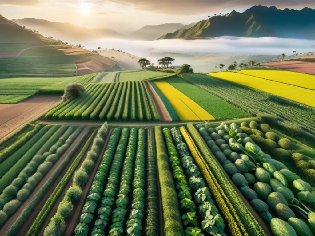 Vibrante agricultura sostenible en Perú, con legumbres en su esplendor bajo el sol dorado