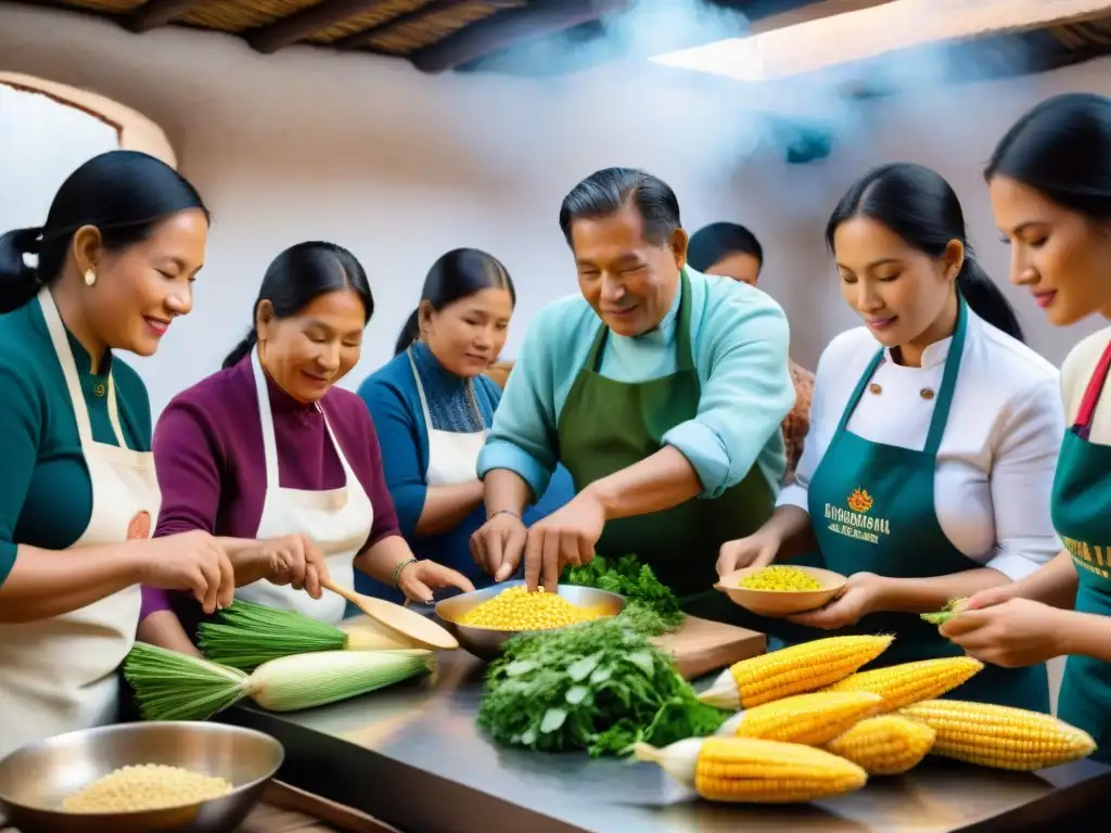 Vibrante taller de cocina ancestral peruana con participantes diversos aprendiendo técnicas culinarias tradicionales