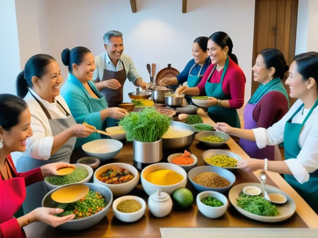 Vibrante taller de cocina peruana fusión con chef y participantes disfrutando de la experiencia culinaria en un ambiente acogedor y lleno de vida