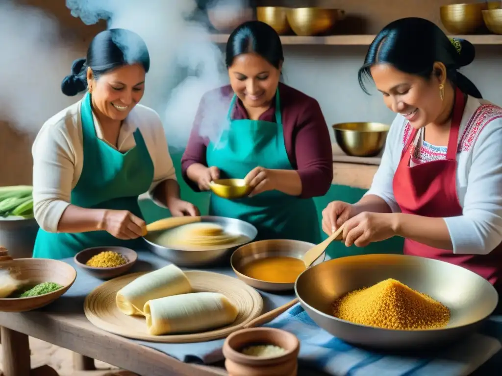 Un vibrante taller de receta tradicional tamal peruano en una cocina bulliciosa y colorida