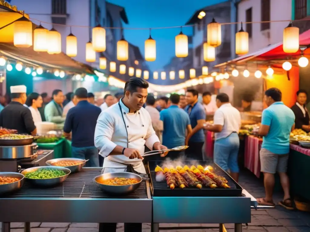 Un vibrante tour gastronómico en el mercado nocturno de Lima, Perú, iluminado por luces brillantes