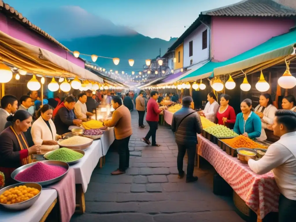 Un vibrante tour gastronómico nocturno en Lima, con bebidas peruanas tradicionales en un bullicioso mercado bajo luces coloridas