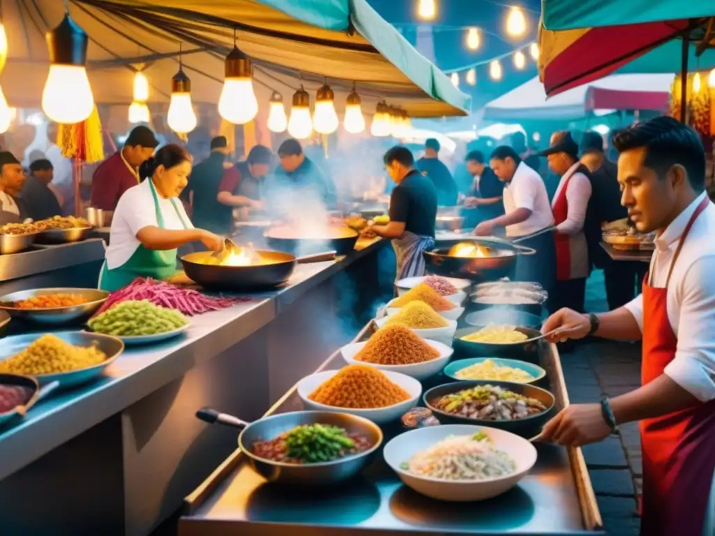 Un vibrante tour gastronómico nocturno en Lima, con chefs preparando delicias peruanas bajo luces cálidas