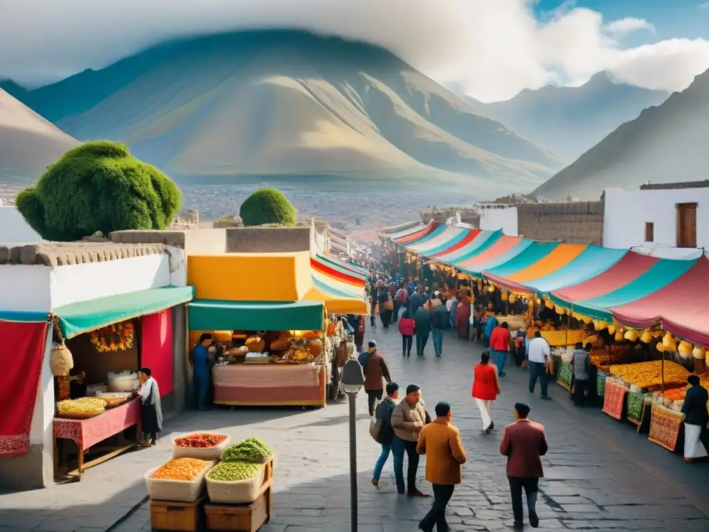 Explora la vibrante gastronomía tradicional peruana en Arequipa, con puestos de comida y el Misti de fondo