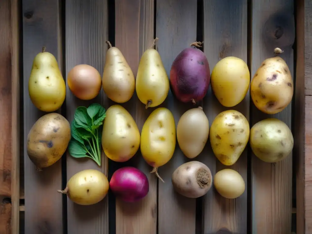 Una vibrante variedad de papas peruanas fusiones sobre mesa rústica, resaltando diversidad y belleza