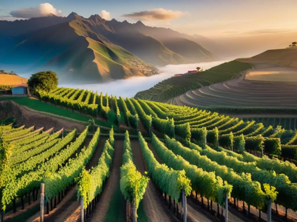 Vibrante viñedo peruano al atardecer, reflejando el terroir único que influye en la calidad de piscos y vinos peruanos para el mercado internacional