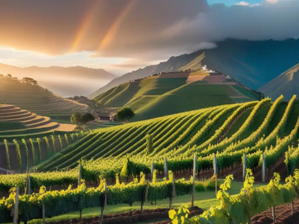 Vibrante viñedo peruano al atardecer con cosecha de uvas, destaca la Importancia del pisco en Perú