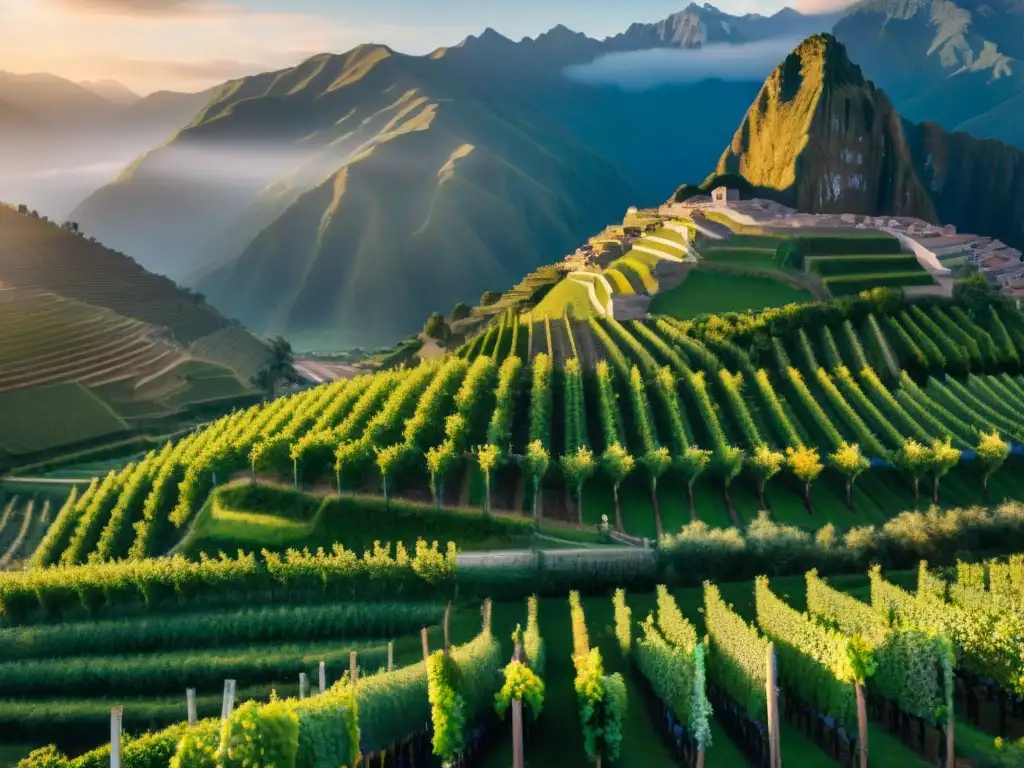 Vibrante producción de vino en Perú: agricultores andinos cuidan viñedos al atardecer en los Andes