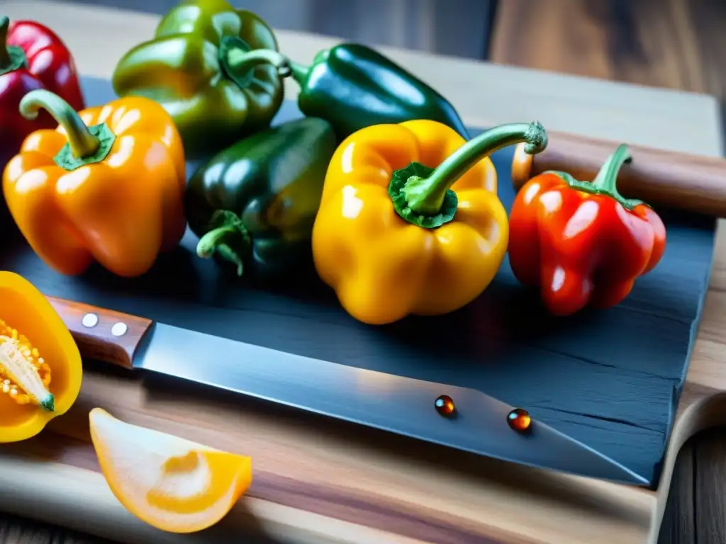 Vibrantes aji amarillo y rocoto en tabla de madera, resaltando la importancia en la gastronomía peruana ingredientes autóctonos