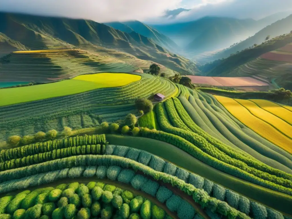 Vibrantes campos de quinua en los Andes peruanos, cosechados por agricultores locales al atardecer