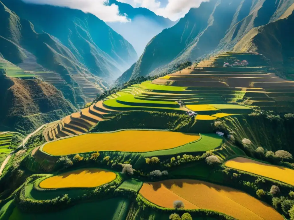 Vibrantes campos en terrazas de agricultura biodinámica en Perú, armonía entre naturaleza y agricultura en los Andes