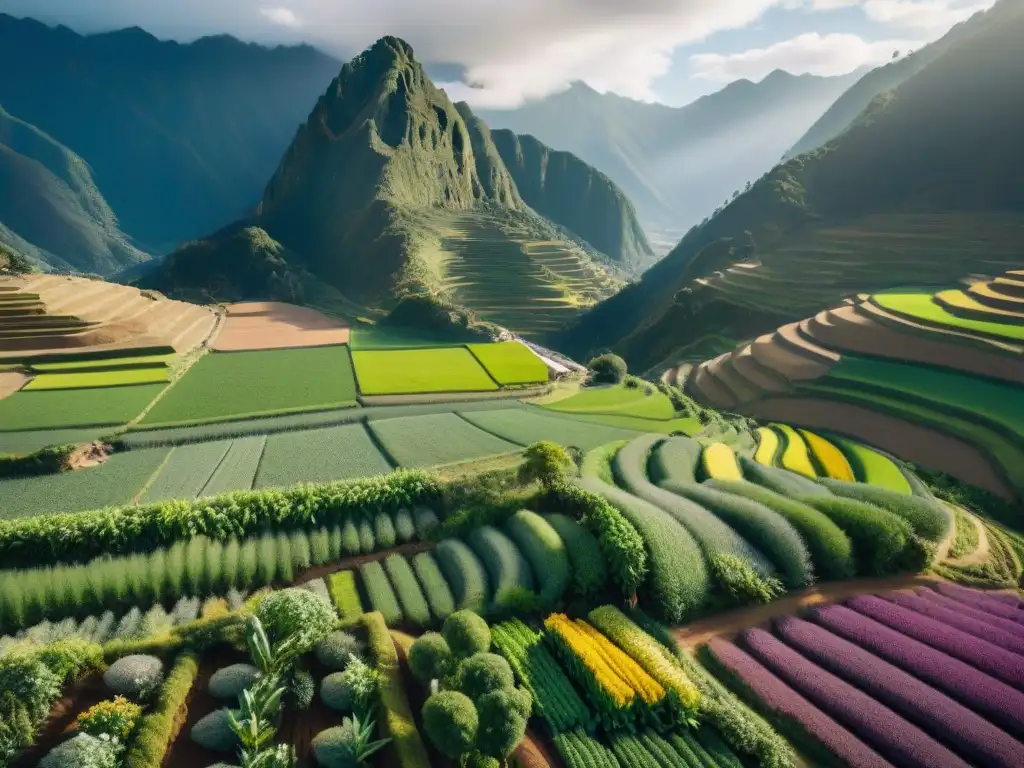 Vibrantes campos en terrazas de los Andes peruanos con superalimentos sostenibles de la mesa global