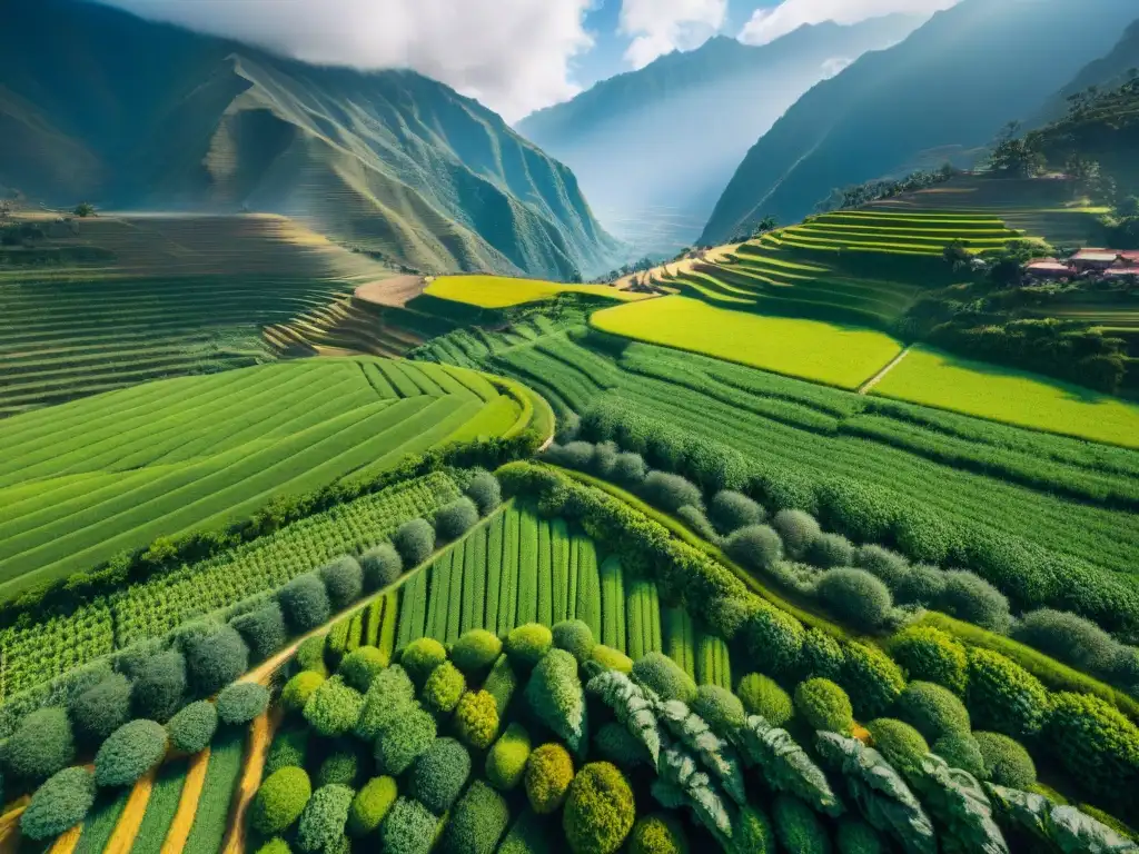 Vibrantes campos verdes de agricultura sostenible en Perú con los Andes de fondo