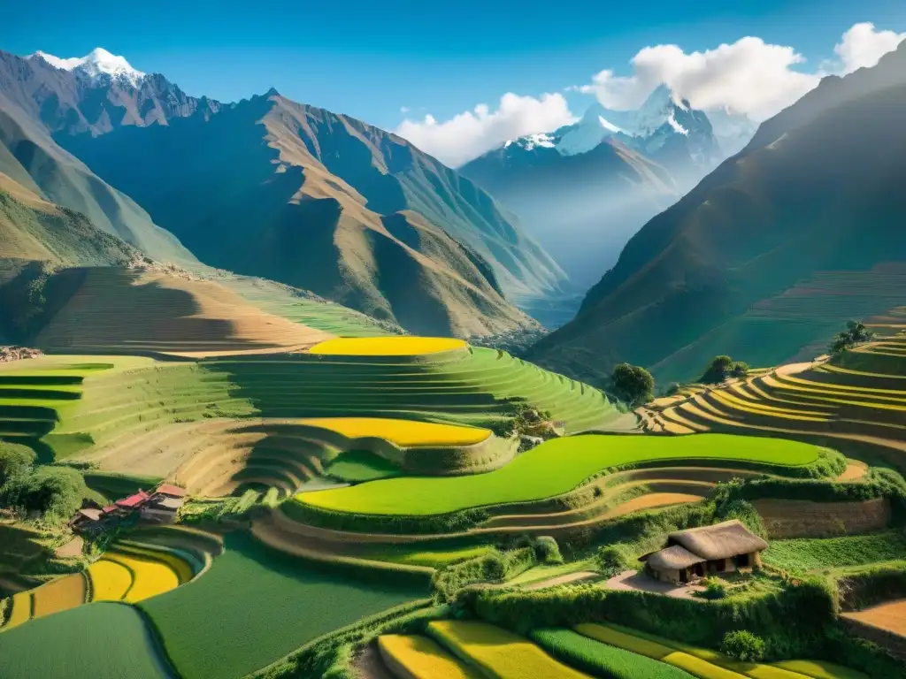 Vibrantes cultivos en terrazas de los Andes, agricultores indígenas y picos nevados