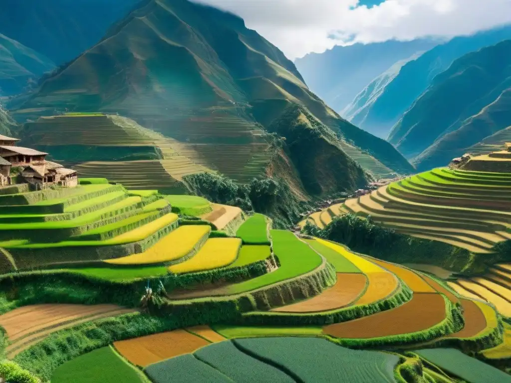 Vibrantes cultivos verdes y terrazas en el Valle Sagrado del Perú, retratando la tecnología agrícola sostenible en Perú