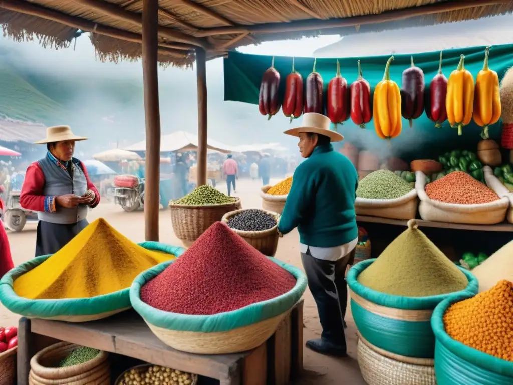 Vibrantes especias peruanas en mercado local: escena detallada de coloridas especias y vendedores locales en Perú