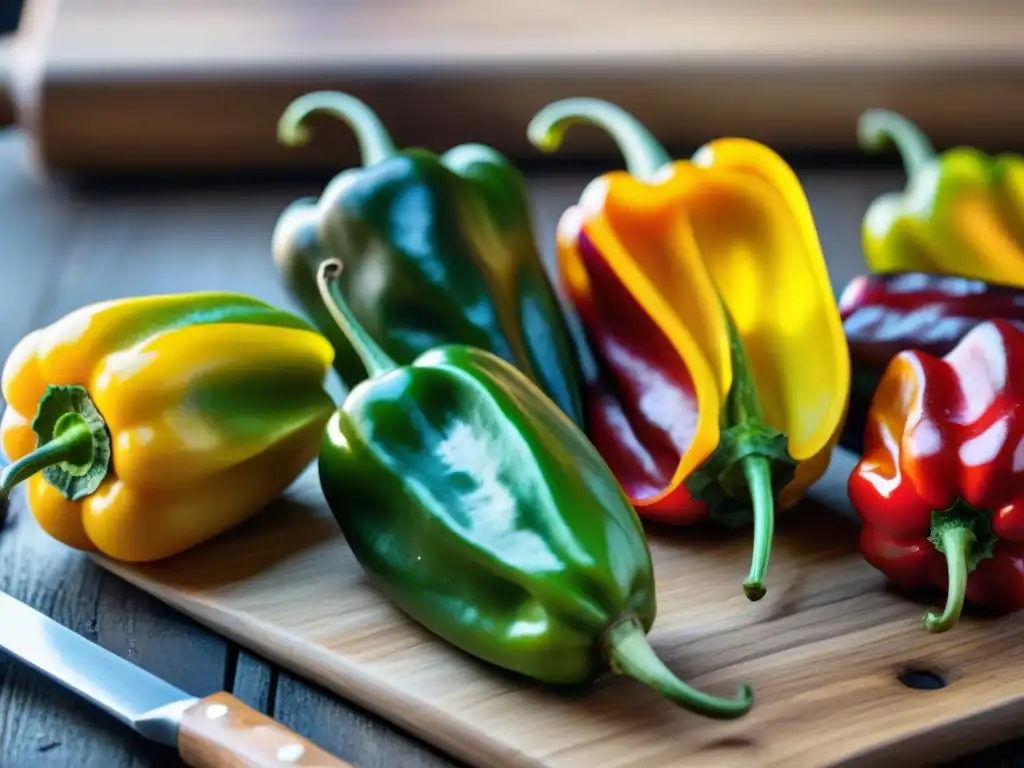 Vibrantes ajíes peruanos en tabla de madera: texturas y colores para Receta pasta de ají peruana