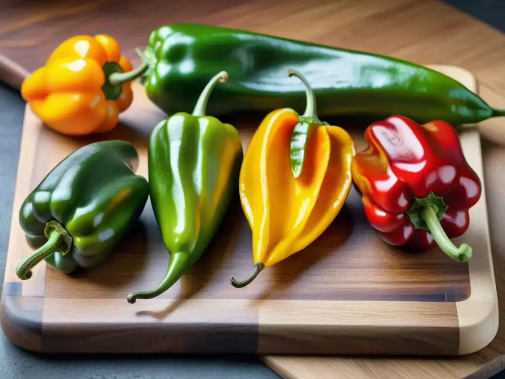 Vibrantes ajíes peruanos en tabla de madera: frescura y diversidad para la cocina fusión