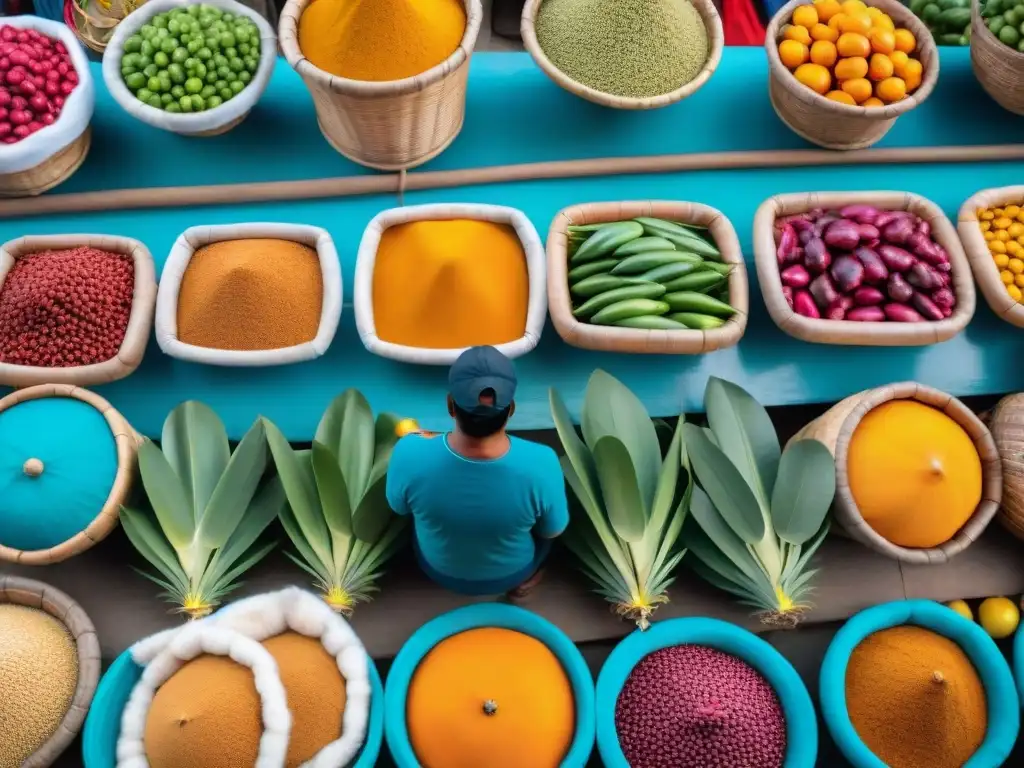 Explora las vibrantes rutas gastronómicas en Ica, Perú, en un mercado tradicional lleno de colores y actividades bulliciosas