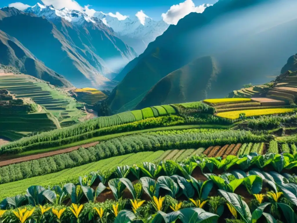 Vibrantes terrazas agrícolas en los Andes de Perú: diversidad de cultivos y agricultura sostenible en armonía con la naturaleza