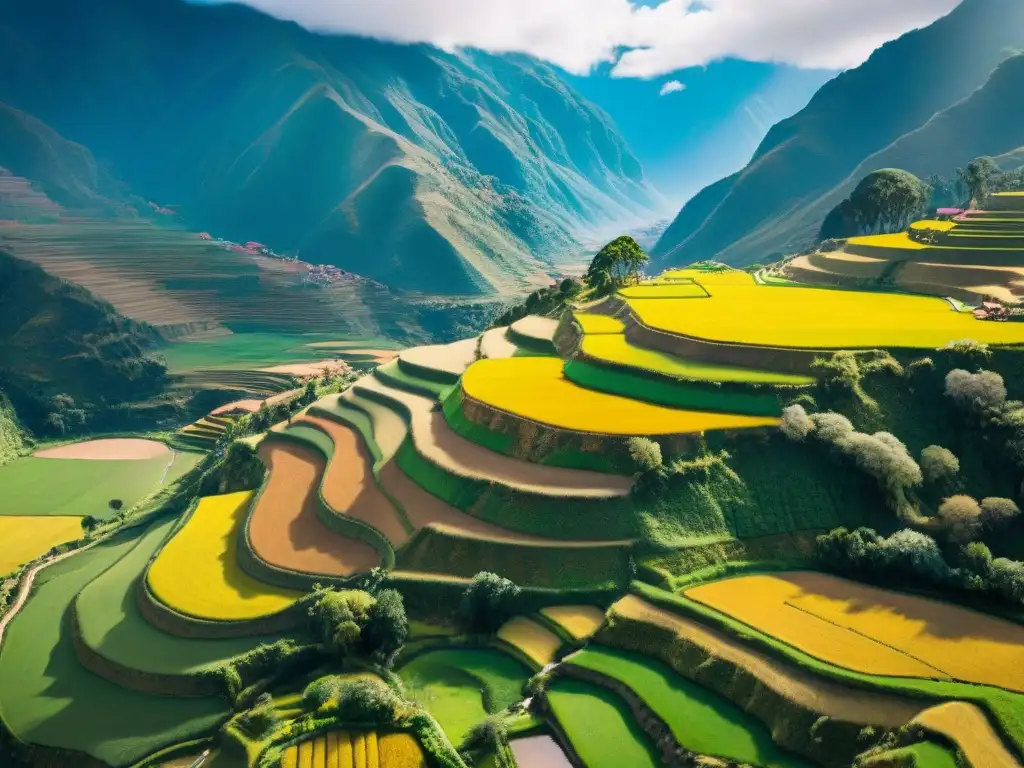 Vibrantes terrazas agrícolas en el Valle Sagrado de Perú, destacando la agricultura sostenible en la región