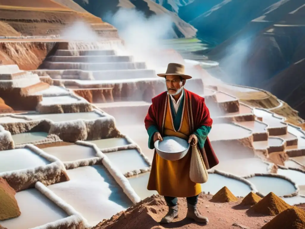 Vibrantes terrazas de sal en Maras, Perú, bajo el sol andino, con trabajadores locales recolectando cristales de sal