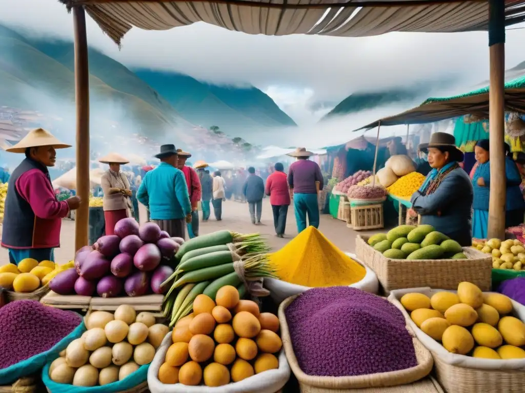 Vibrantes variedades de tubérculos peruanos fotografiados en bullicioso mercado andino