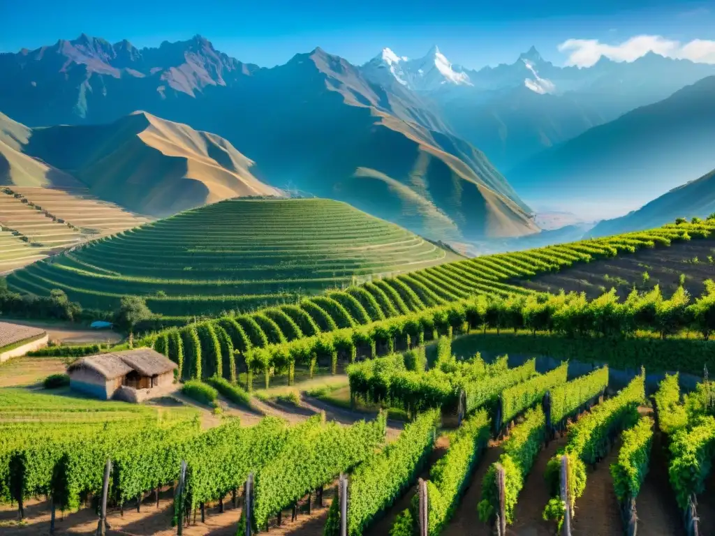 Vibrantes viñedos en Ica, Perú, con los Andes de fondo, reflejando la historia del pisco peruano