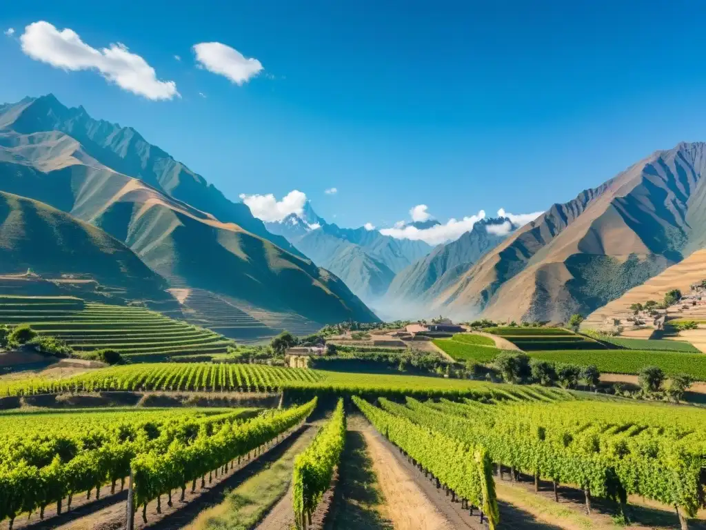 Vibrantes viñedos de Ica, Perú, con montañas de los Andes al fondo