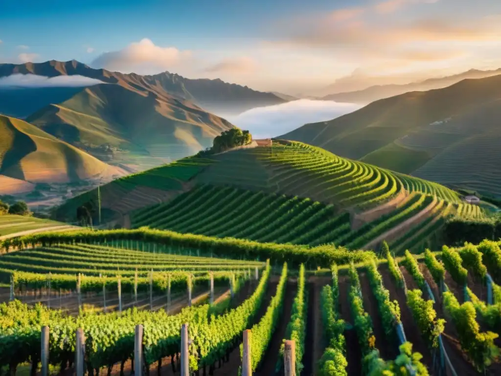 Vibrantes viñedos peruanos al atardecer, fusionando naturaleza, cultura y una historia de vino