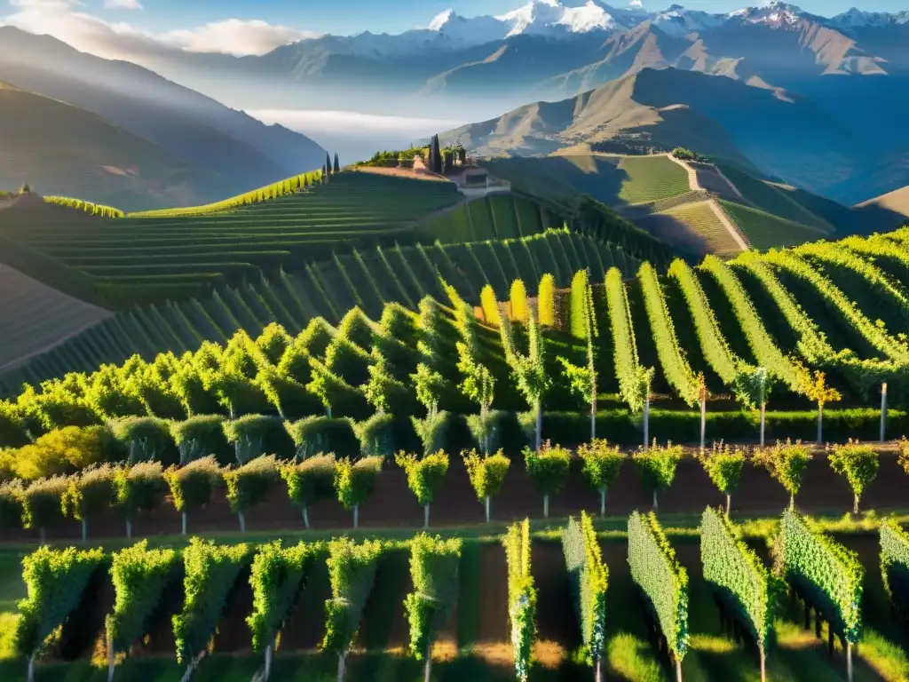 Vibrantes viñedos verdes en los Andes, con vides extendiéndose hacia el horizonte y nevadas cumbres de fondo