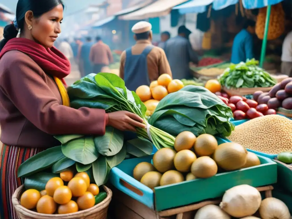 Mercado vibrante en Perú: colores y productos ricos en hierro Vida y color en un mercado peruano, con frutas y verduras ricas en hierro