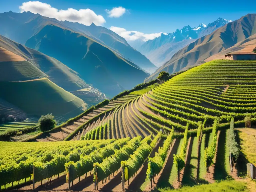 Un viñedo andino en Perú: vinos peruanos viñedos andinos, con sus filas de vides vibrantes bajo el cielo azul y las montañas nevadas de fondo