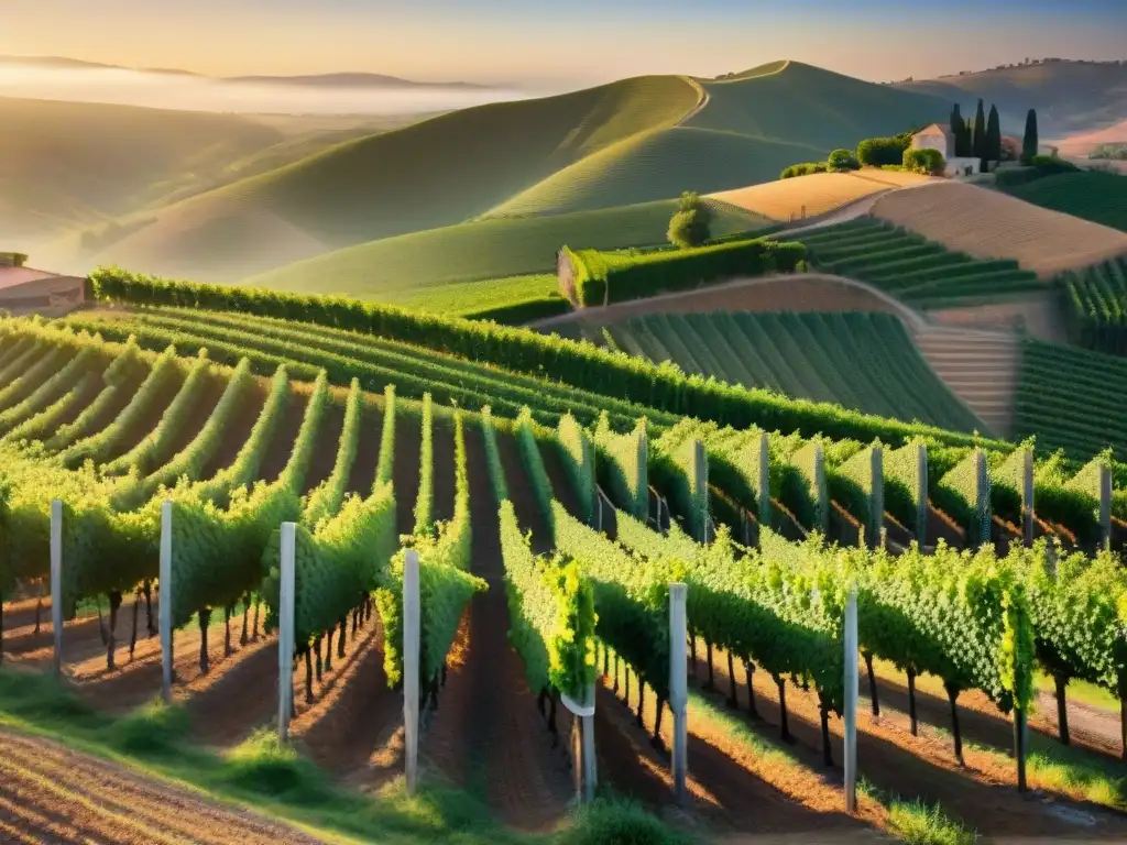 Un viñedo al atardecer, con racimos de uvas brillantes bajo el sol dorado, listos para la maceración pisco sabores únicos