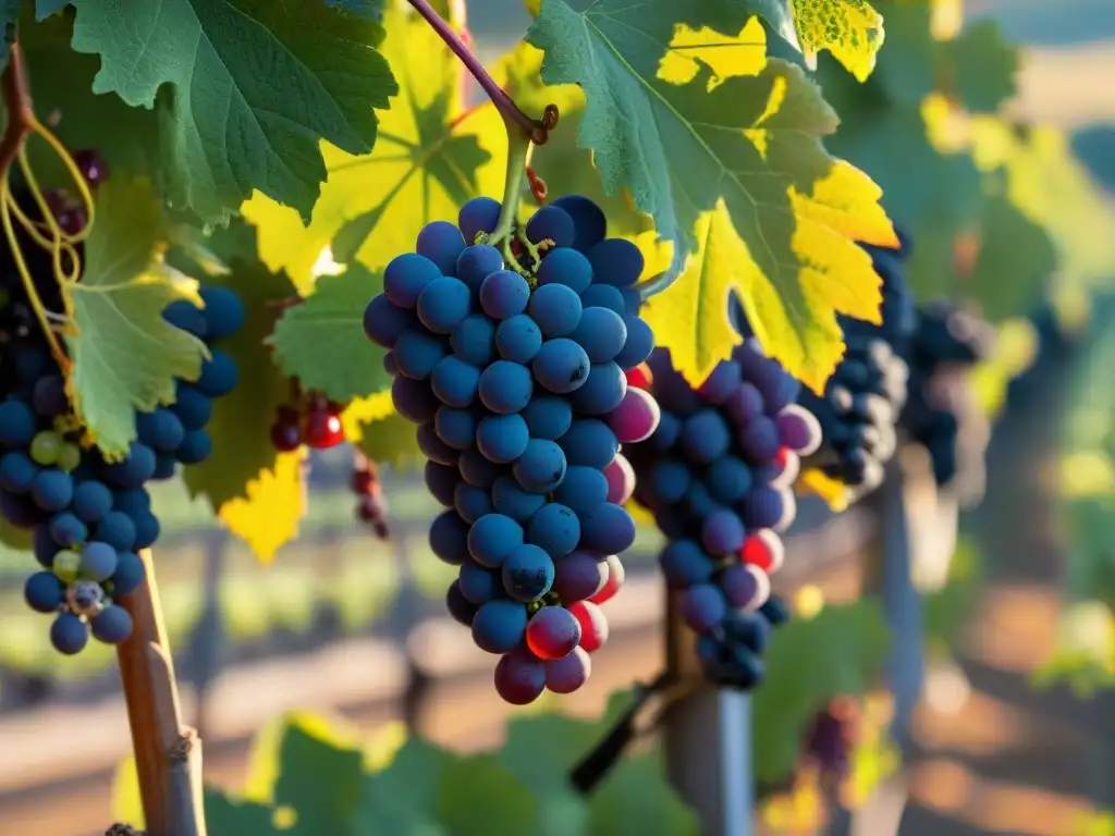 Viñedo al atardecer con uvas recién cosechadas en variedad de colores