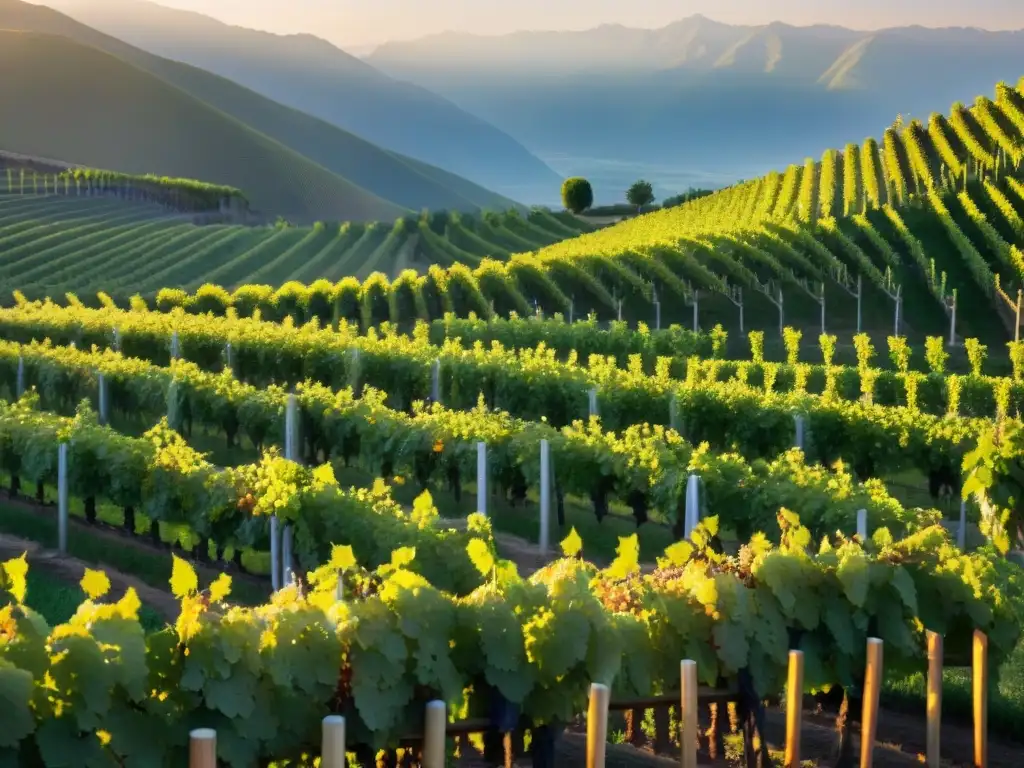 Un viñedo al atardecer, con variedades de uvas para pisco