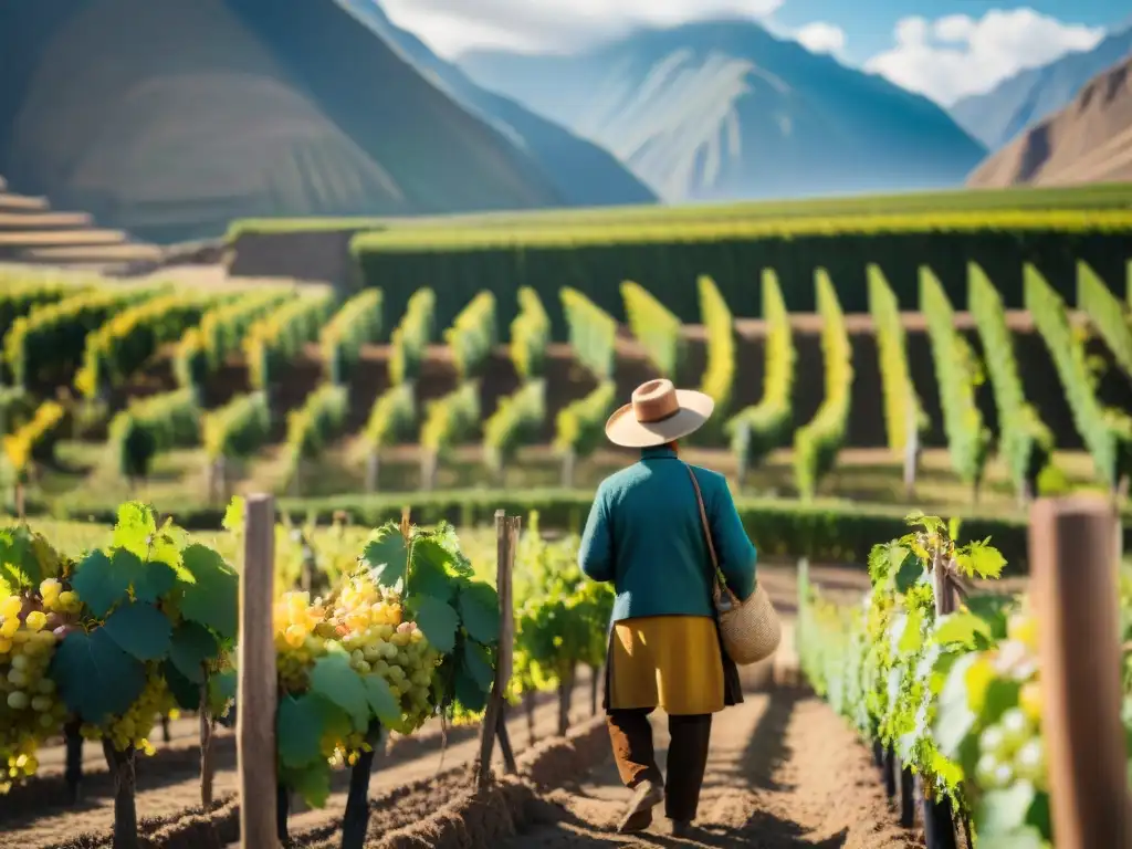 Un viñedo bañado por el sol en Perú, donde un agricultor andino cuida las uvas con esmero