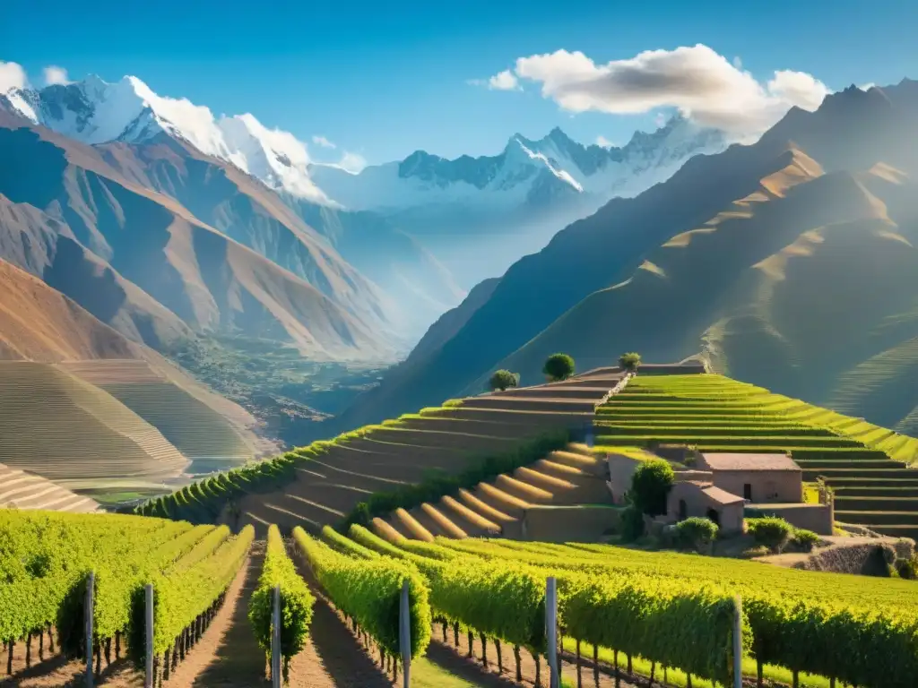 Un viñedo bañado por el sol en la Ruta del Pisco en Perú, con los Andes de fondo y una destilería de adobe