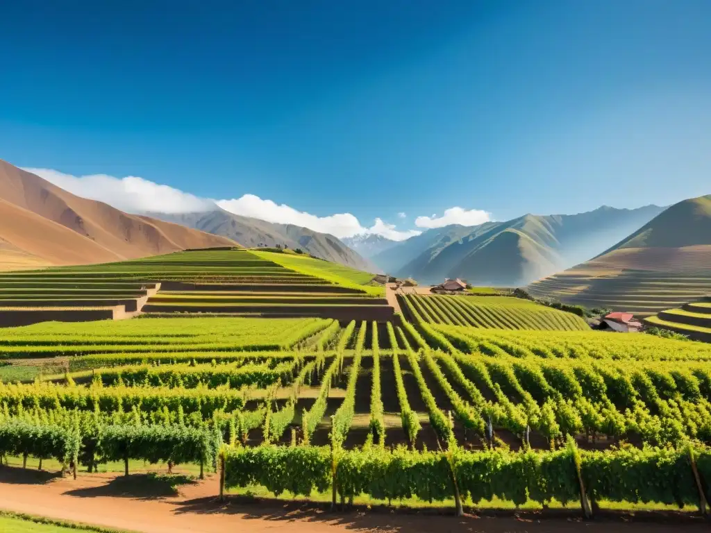 Viñedo dorado al atardecer en Perú, destiladora de adobe y recolección de uvas