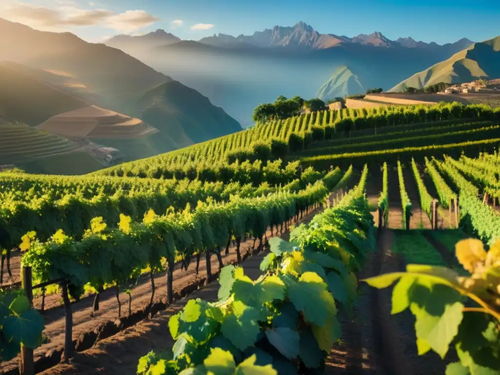 Viñedo exuberante en Perú al atardecer, con vides doradas y la majestuosidad de los Andes