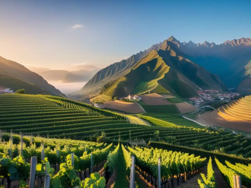 Viñedo exuberante en los Andes peruanos al atardecer, destacando la belleza de los vinos espumosos peruanos autóctonos