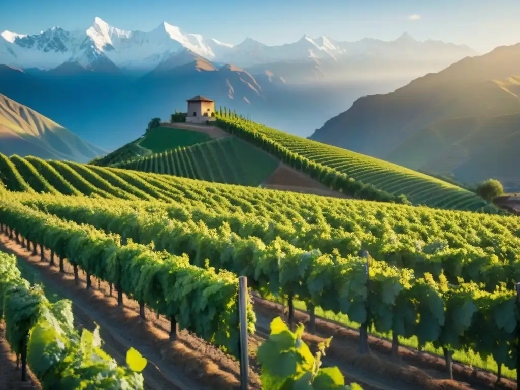 Viñedo en la mañana, uvas doradas de pisco bajo la luz del sol